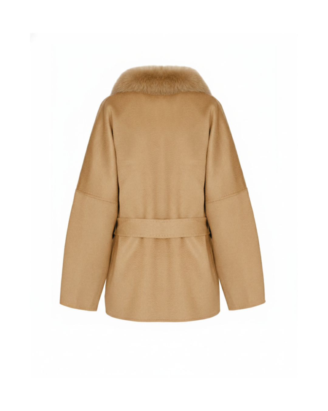Camel Wool-Cashmere Cropped Coat with Fur Trim