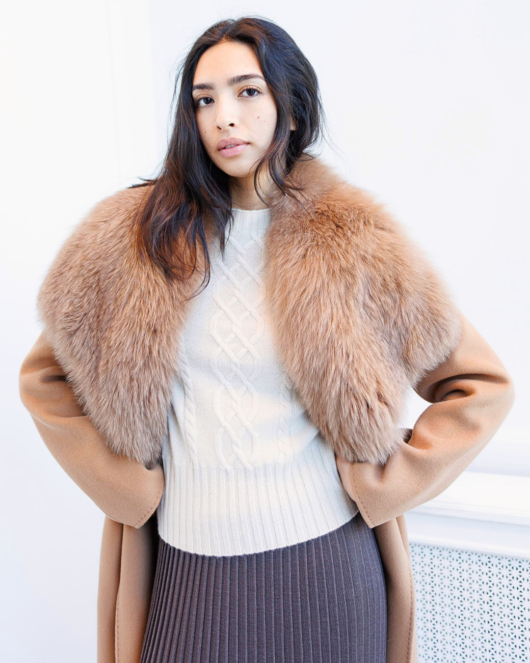 Camel Wool-Cashmere Coat with Fox Collar