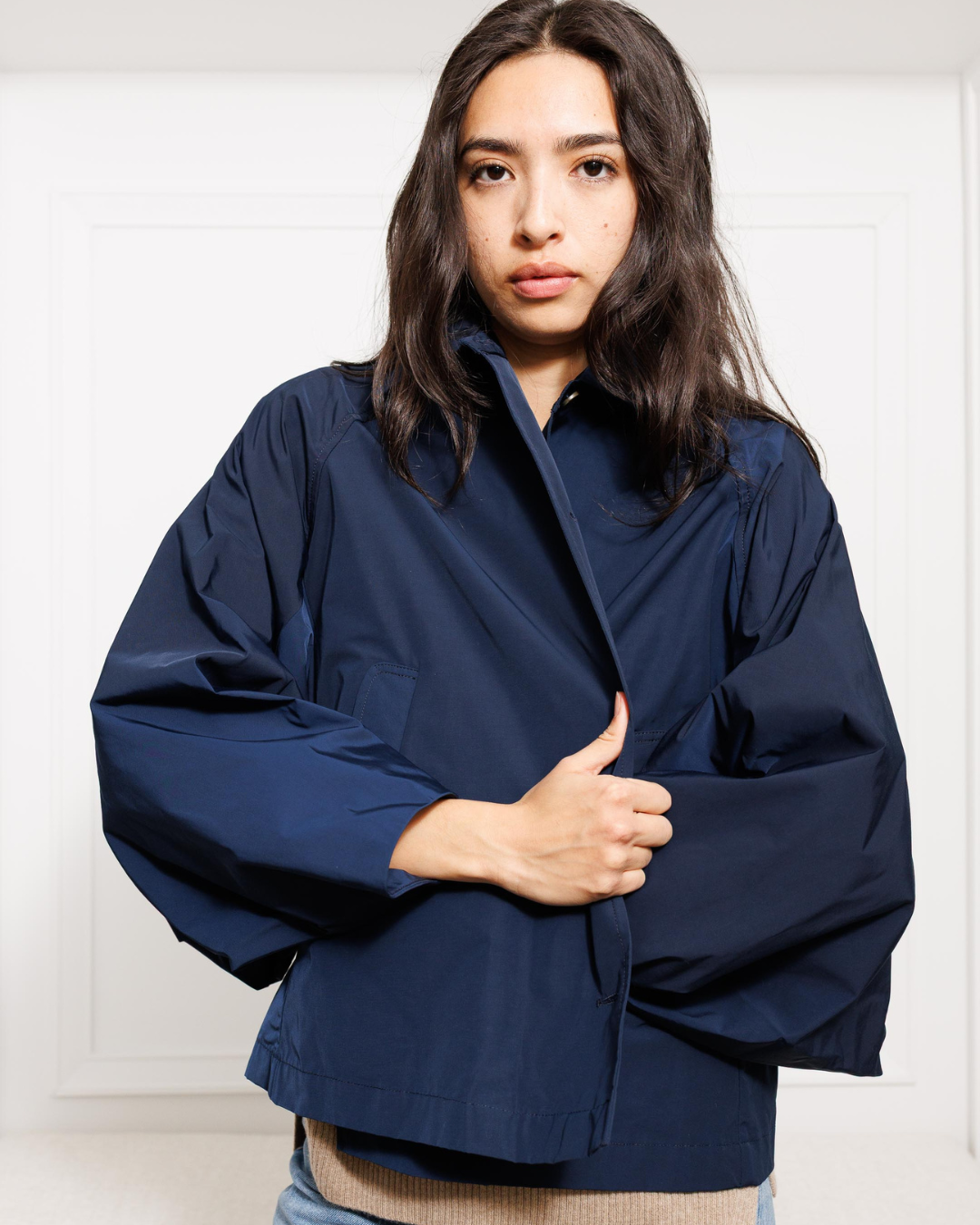 Cropped Batwing Trench Coat — Navy
