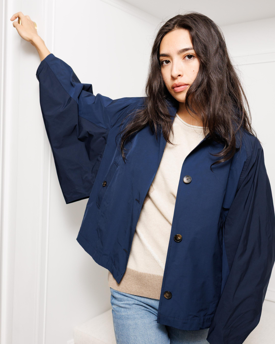 Cropped Batwing Trench Coat — Navy