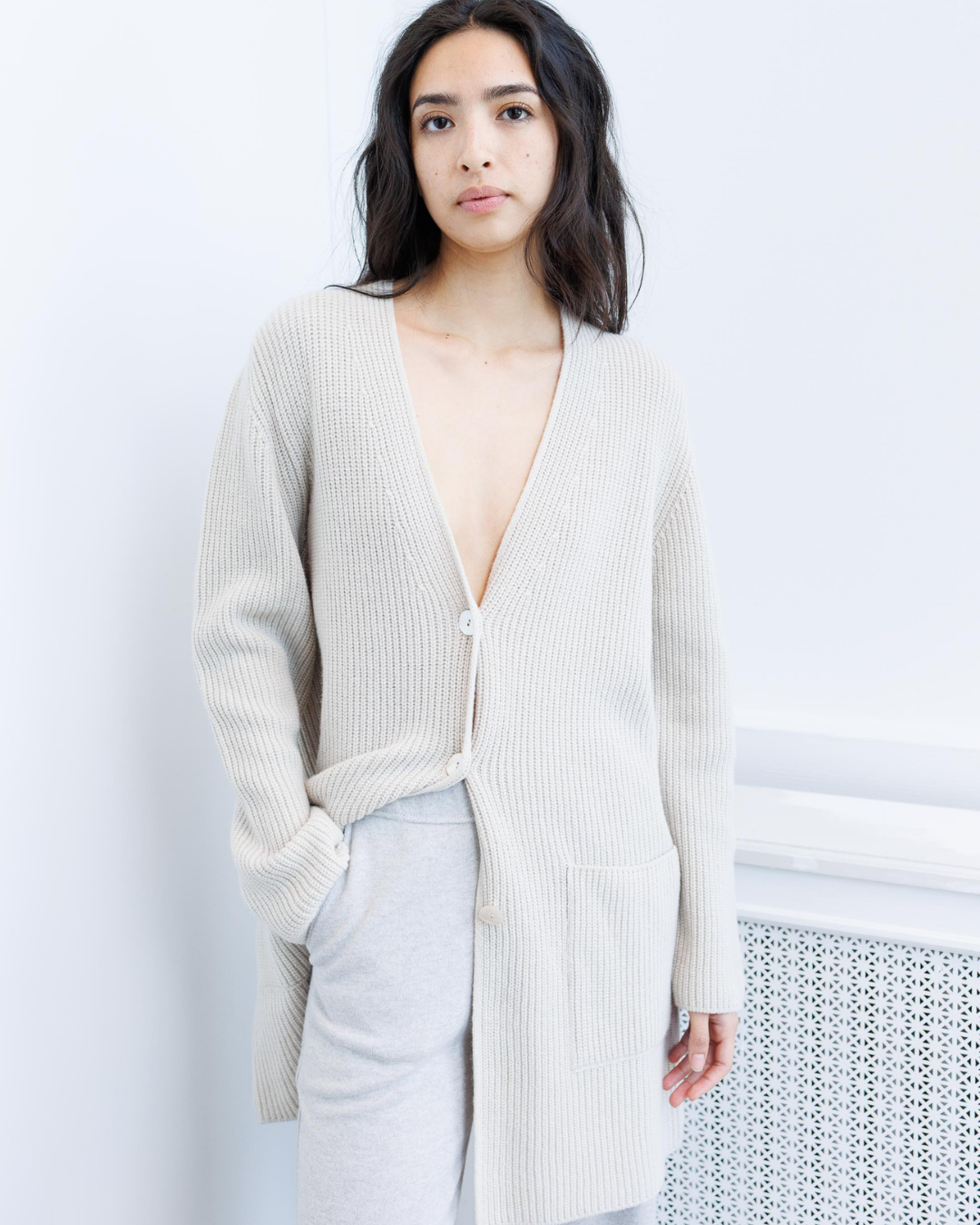 Deep V-Neck Ribbed Long Cardigan