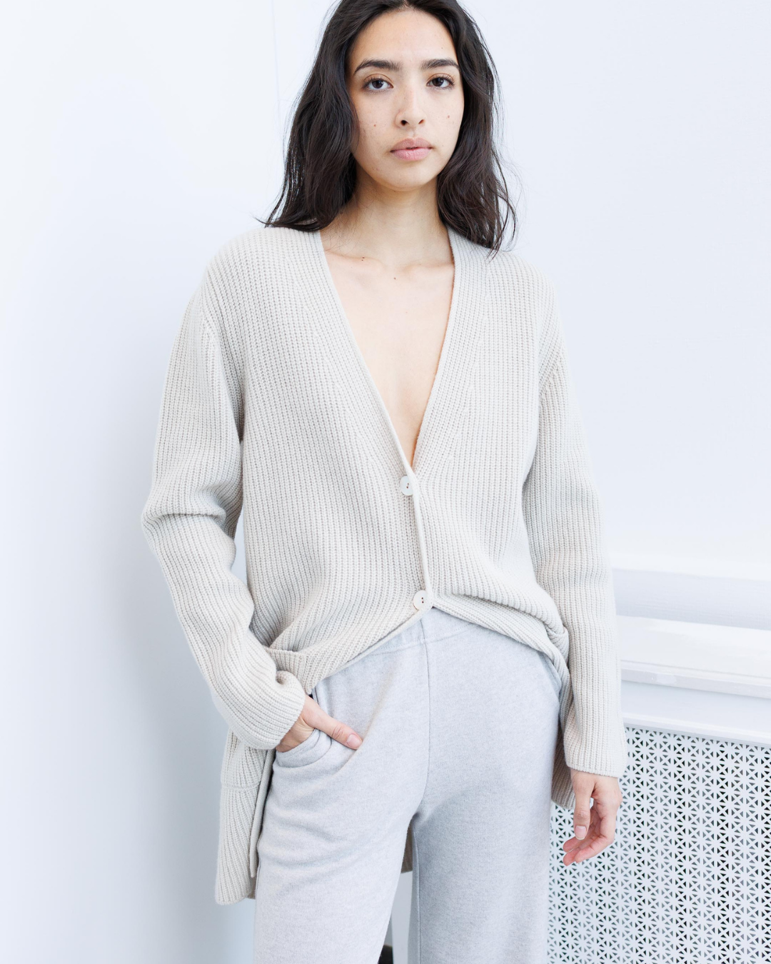 Deep V-Neck Ribbed Long Cardigan