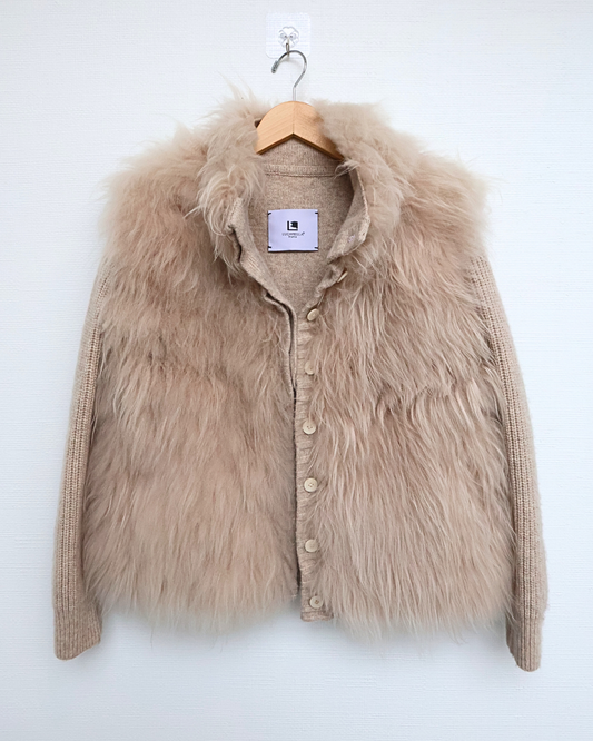 Beige Cashmere Goat Fur & Knit Cardigan