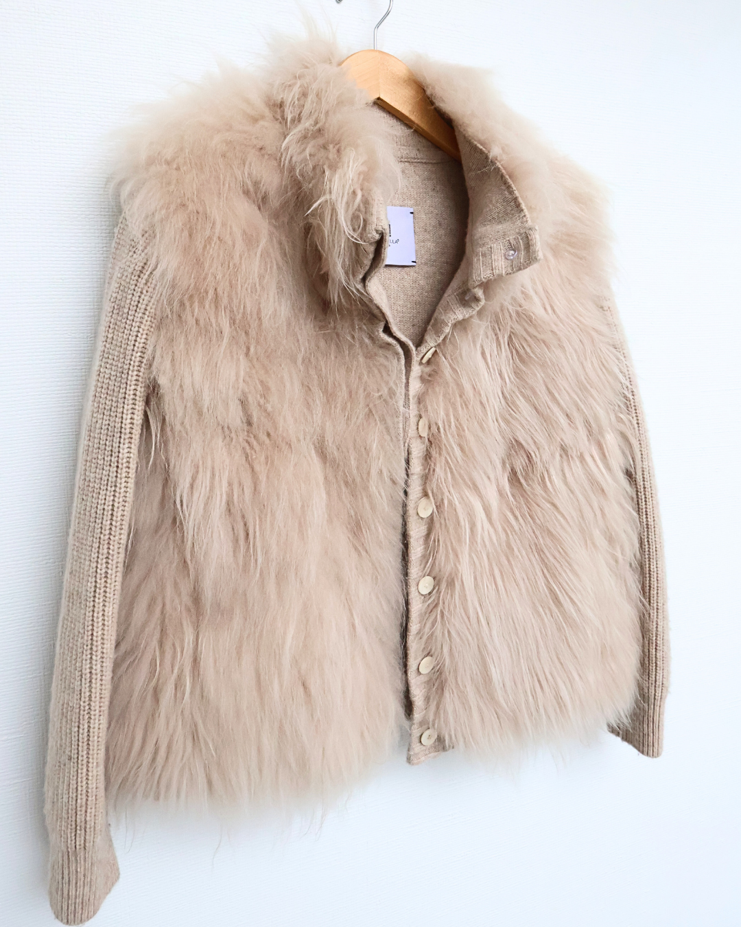 Beige Cashmere Goat Fur & Knit Cardigan