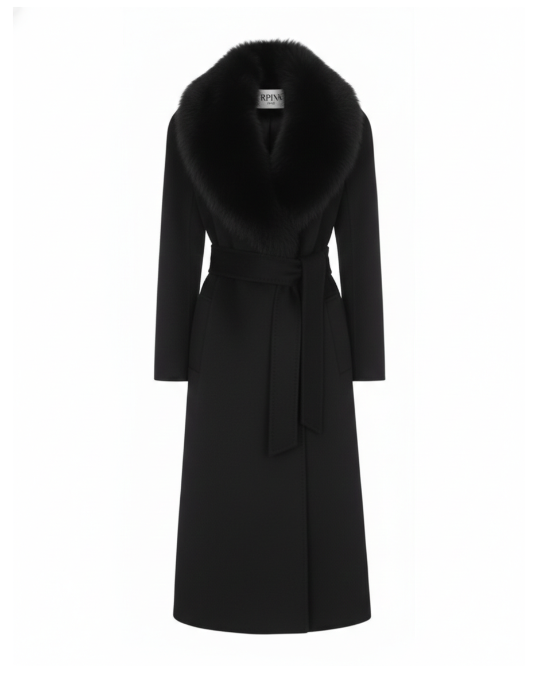 Black Wool-Cashmere Coat with Fox Fur Collar