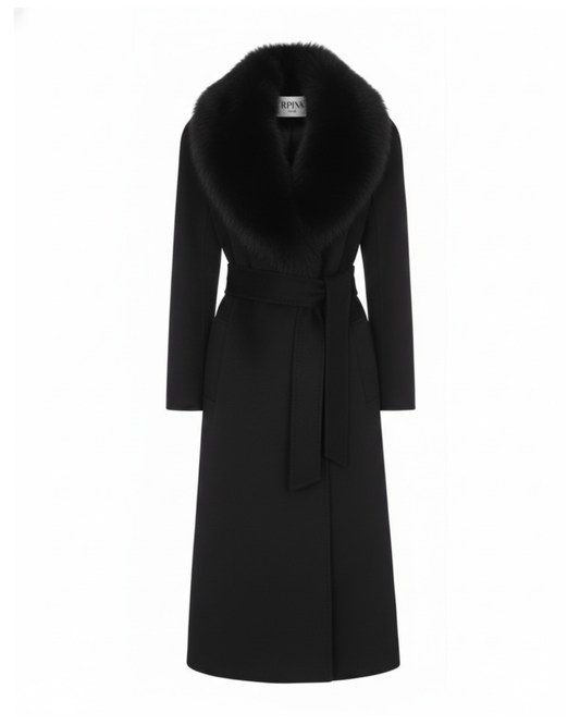 Black Wool-Cashmere Coat with Fox Fur Collar