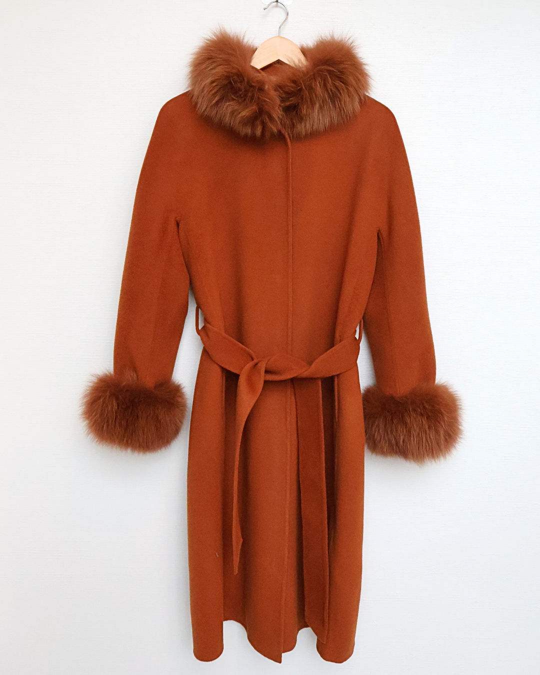 Burnt Orange Wool-Cashmere Coat with Fox Fur