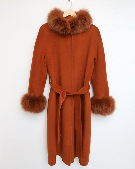 Burnt Orange Wool-Cashmere Coat with Fox Fur