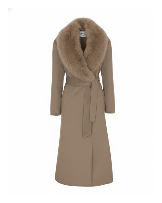Taupe Wool-Cashmere Coat with Fox Collar