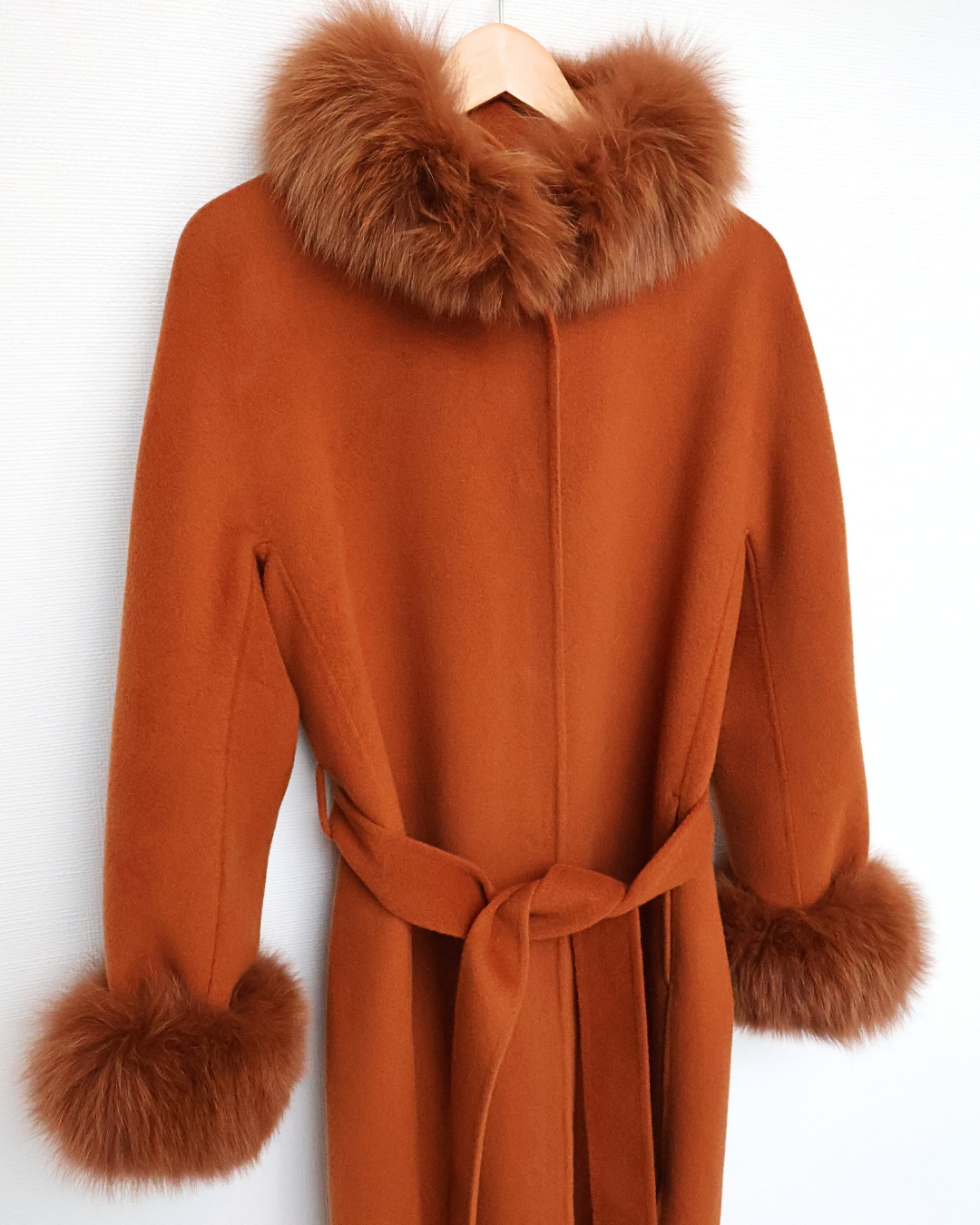 Burnt Orange Wool-Cashmere Coat with Fox Fur