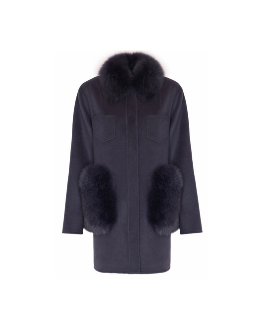 Navy Shirt Jacket with Fox Fur Details