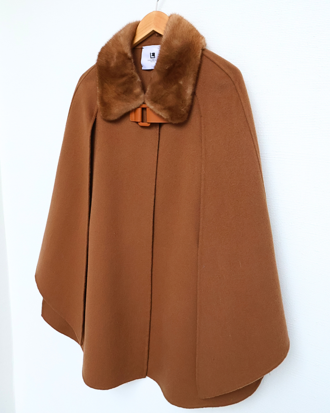Camel Wool-Cashmere Cape with Leather Closure