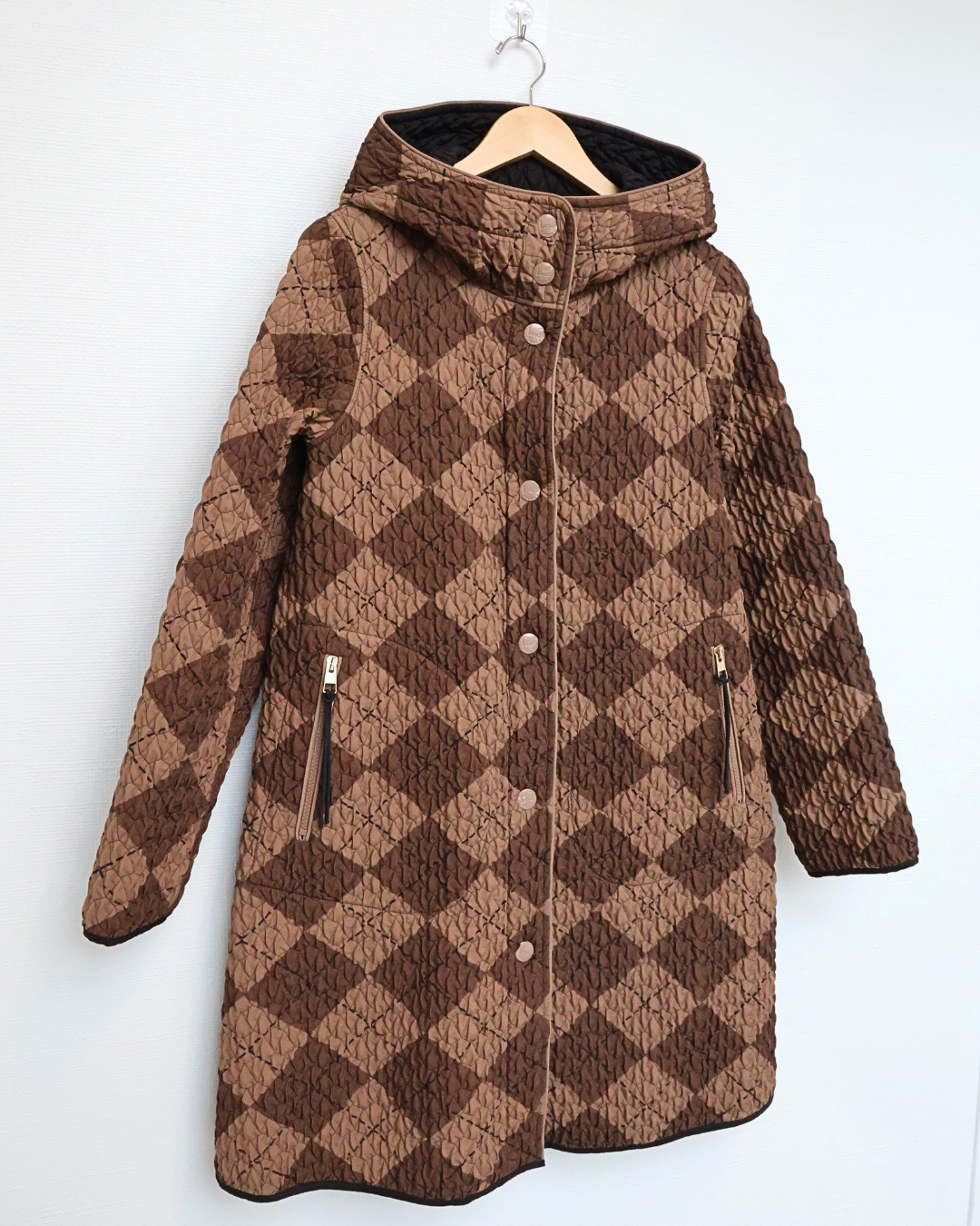Quilted Check Knee-Length Coat — Brown