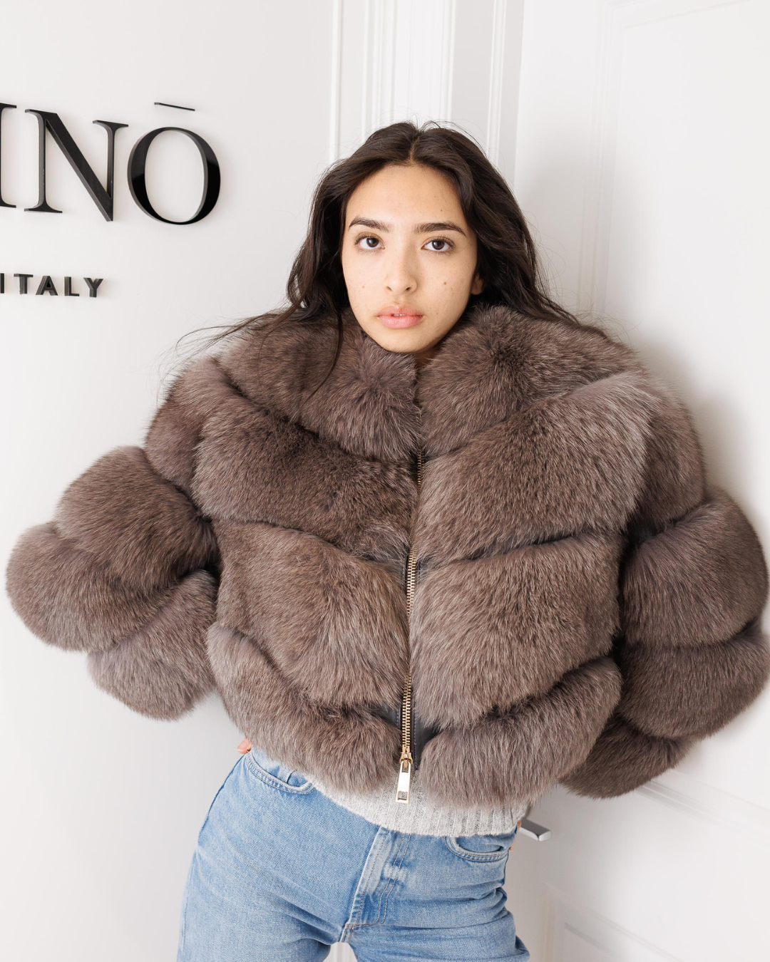 Grey Rex Rabbit Fur Jacket with Zipper