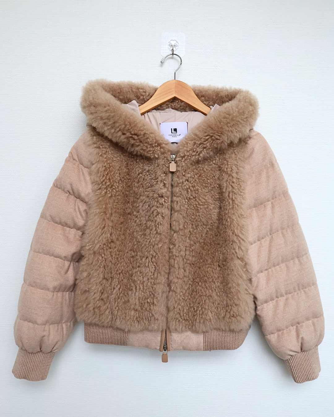 Beige Quilted Jacket with Cashmere Goat Fur