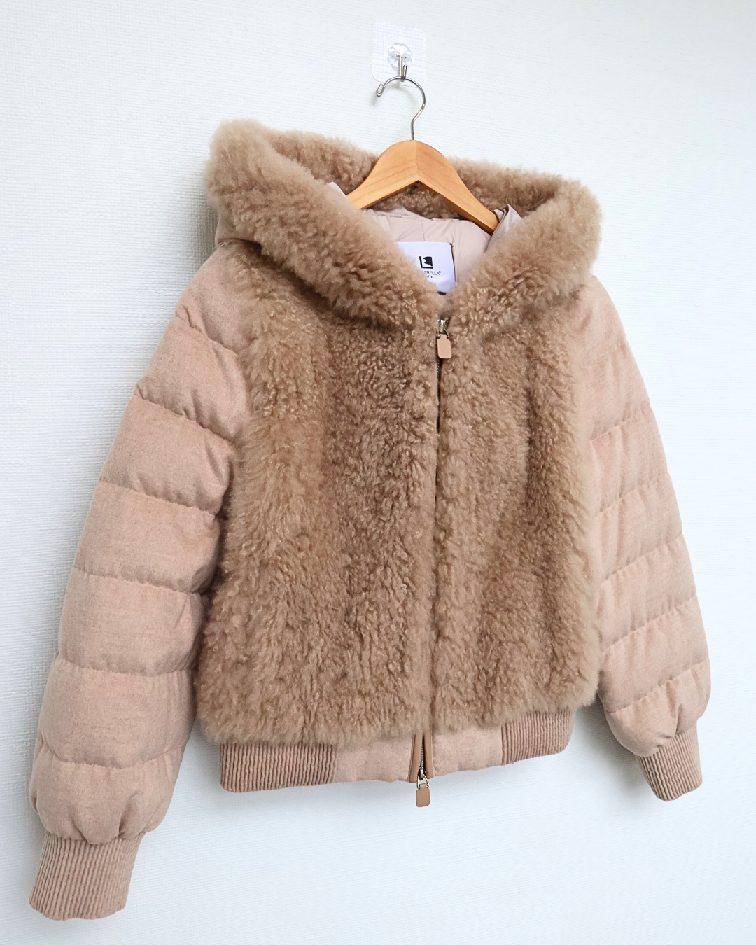 Beige Quilted Jacket with Cashmere Goat Fur