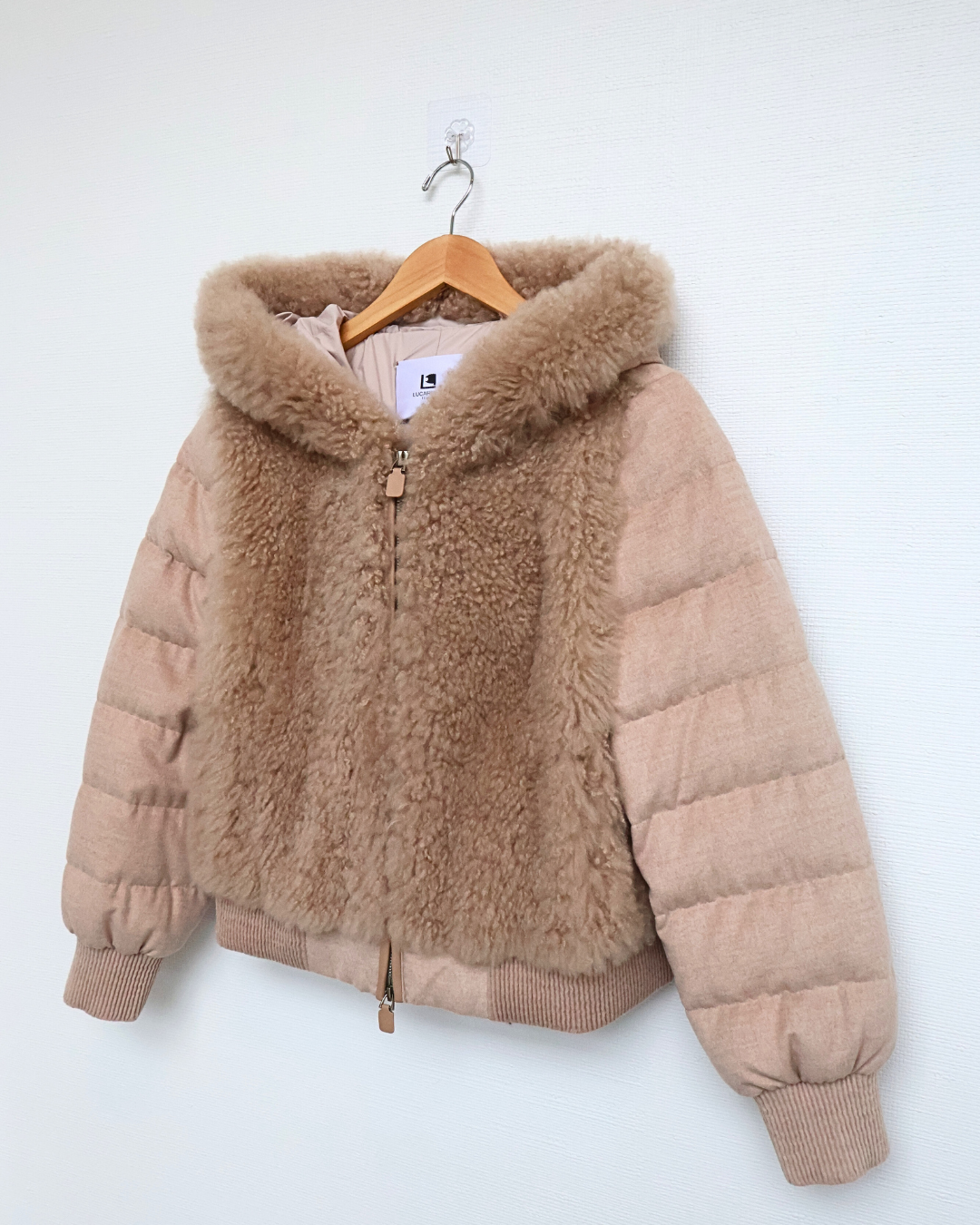 Beige Quilted Jacket with Cashmere Goat Fur