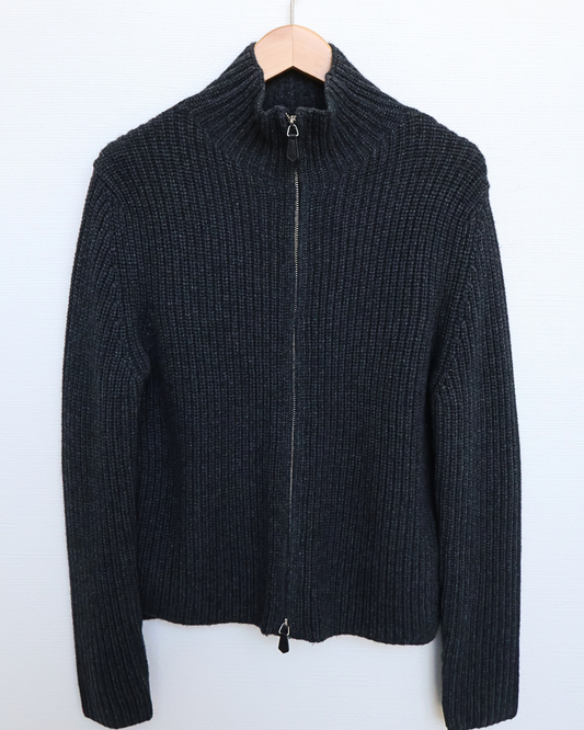 Ribbed Zip-Front Funnel Neck Sweater