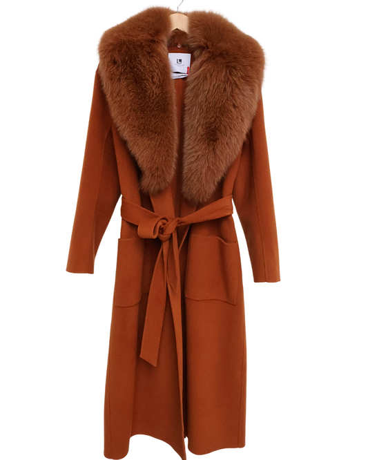 Burnt Orange Wool-Cashmere Coat with Fox Collar