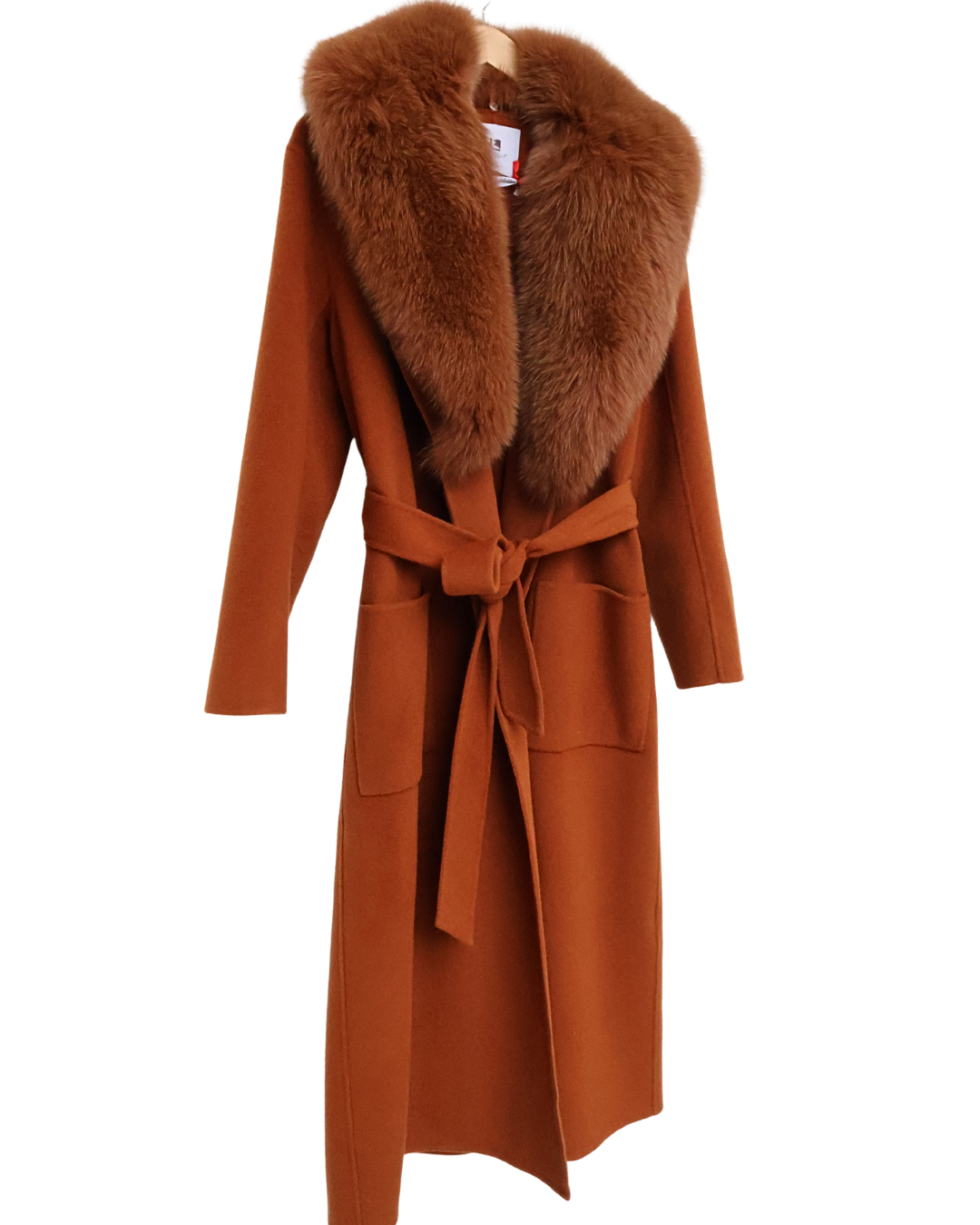 Burnt Orange Wool-Cashmere Coat with Fox Collar
