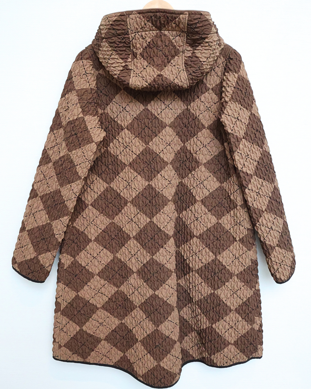 Quilted Check Knee-Length Coat — Brown