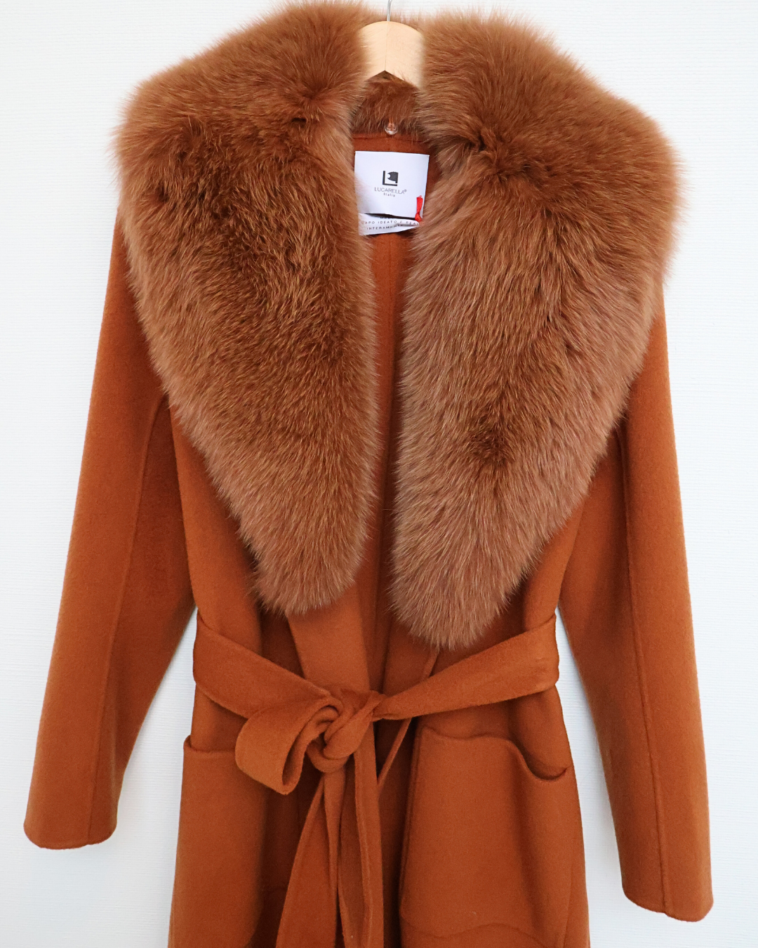 Burnt Orange Wool-Cashmere Coat with Fox Collar