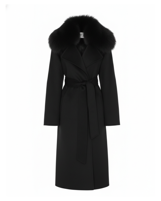 Black Wool Zibeline Coat with Fox Fur Collar