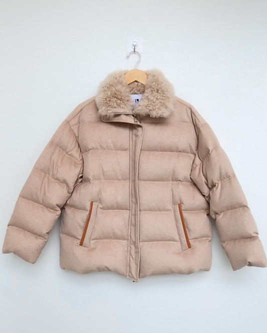 Beige Quilted Jacket with Cashmere Goat Fur Collar