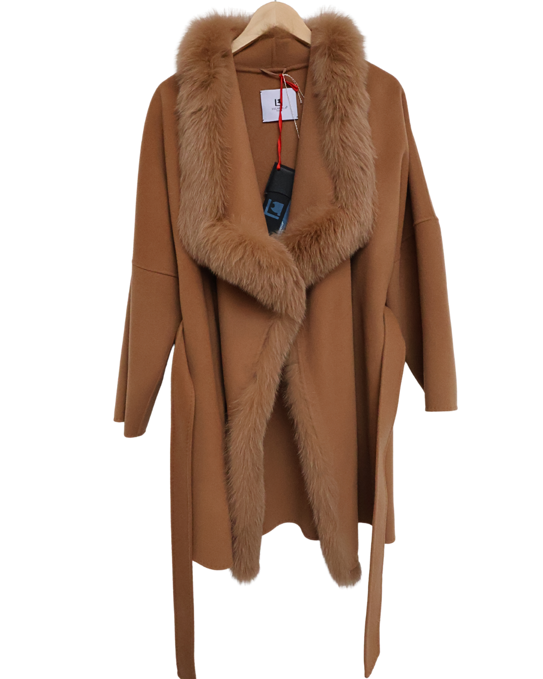 Camel Wool-Cashmere Cropped Coat with Fur Trim