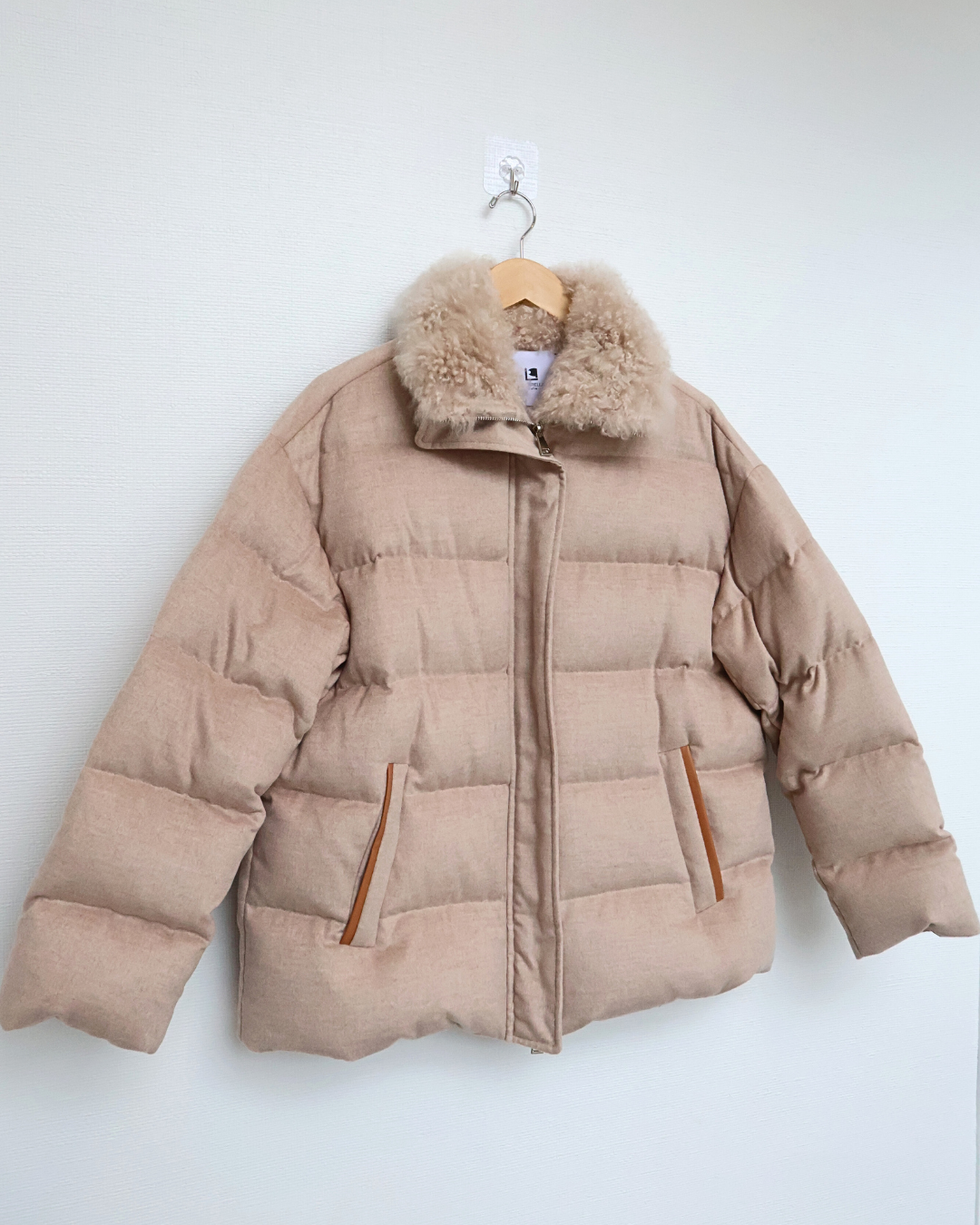 Beige Quilted Jacket with Cashmere Goat Fur Collar