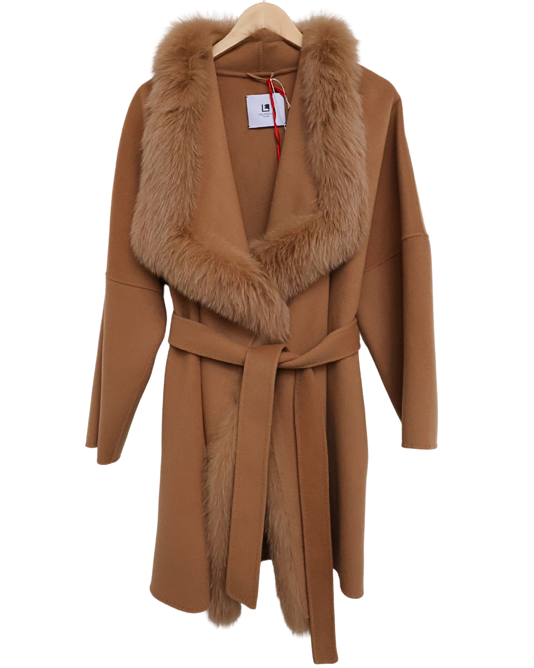 Camel Wool-Cashmere Cropped Coat with Fur Trim
