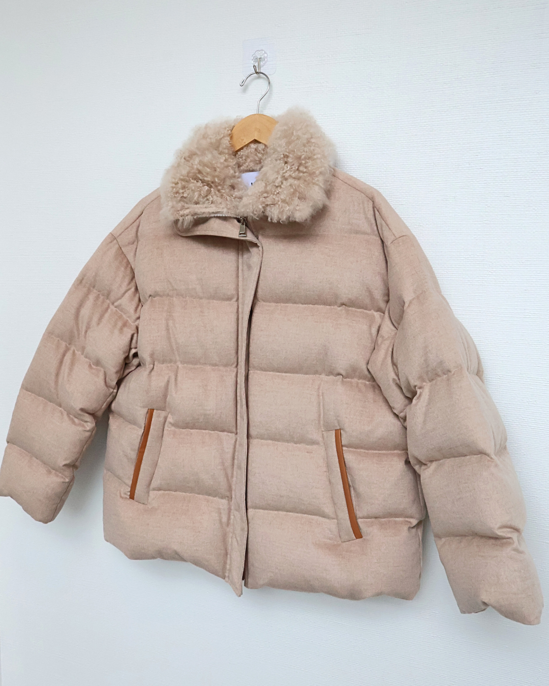 Beige Quilted Jacket with Cashmere Goat Fur Collar