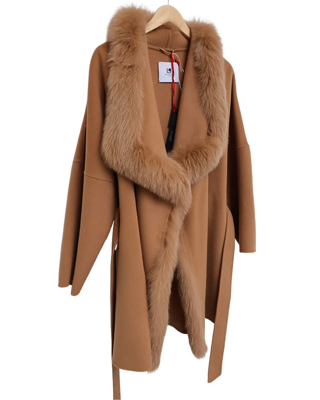Camel Wool-Cashmere Cropped Coat with Fur Trim