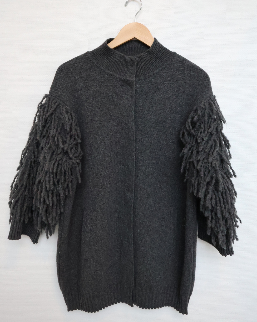 Fringe Sleeve Knit Jacket — Grey