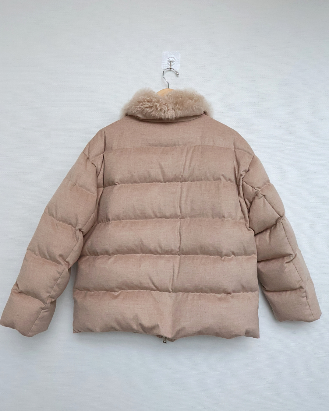 Beige Quilted Jacket with Cashmere Goat Fur Collar