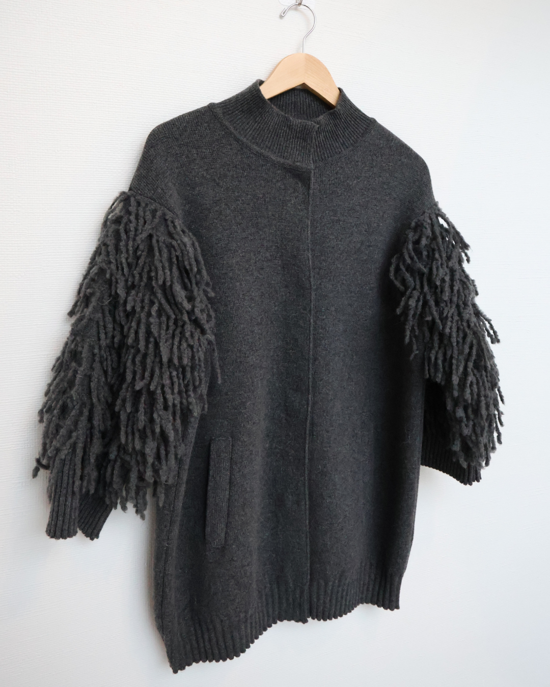 Fringe Sleeve Knit Jacket — Grey