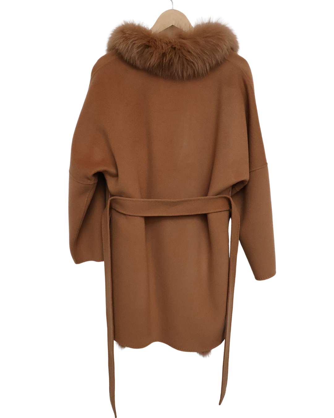 Camel Wool-Cashmere Cropped Coat with Fur Trim