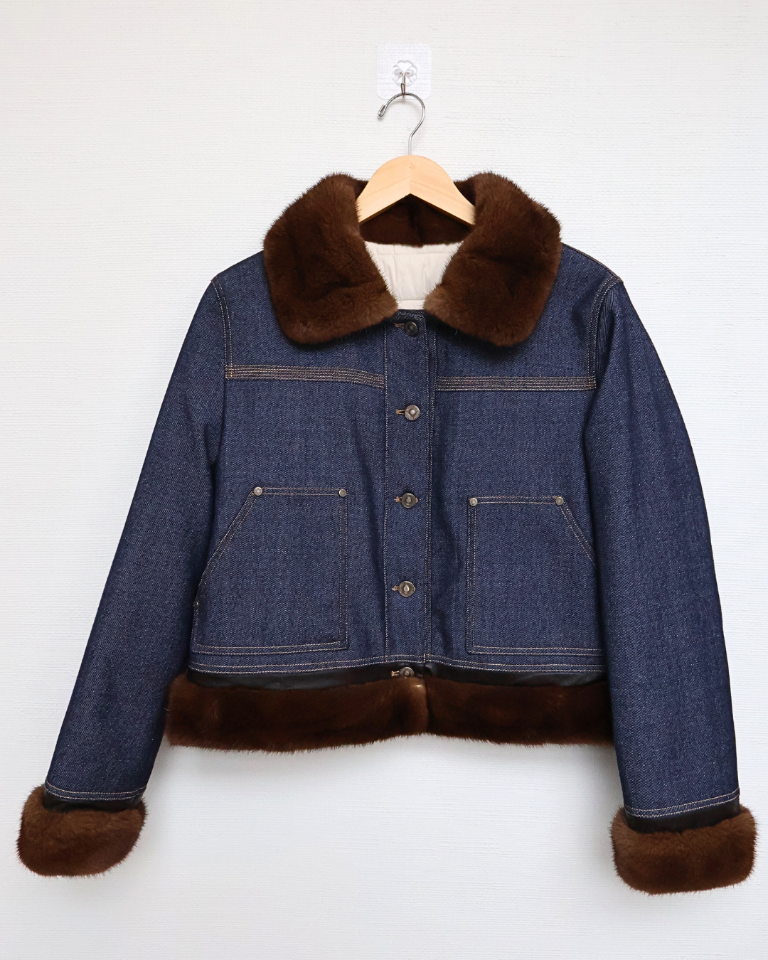 Denim-Effect Jacket with Brown Mink Fur Collar