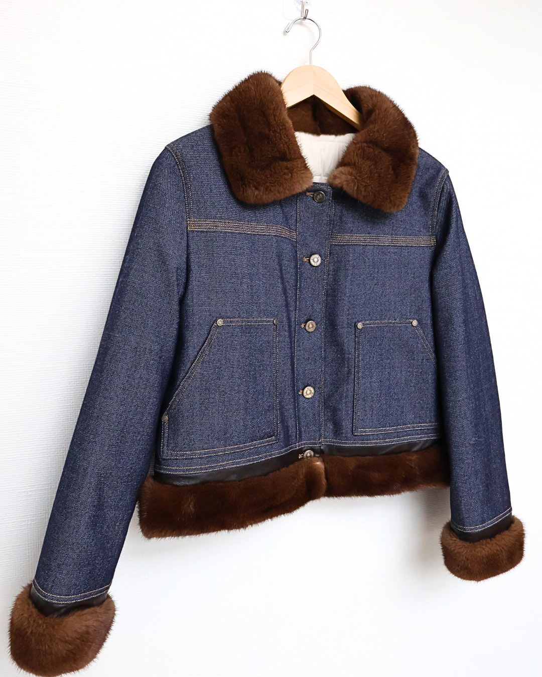 Denim-Effect Jacket with Brown Mink Fur Collar