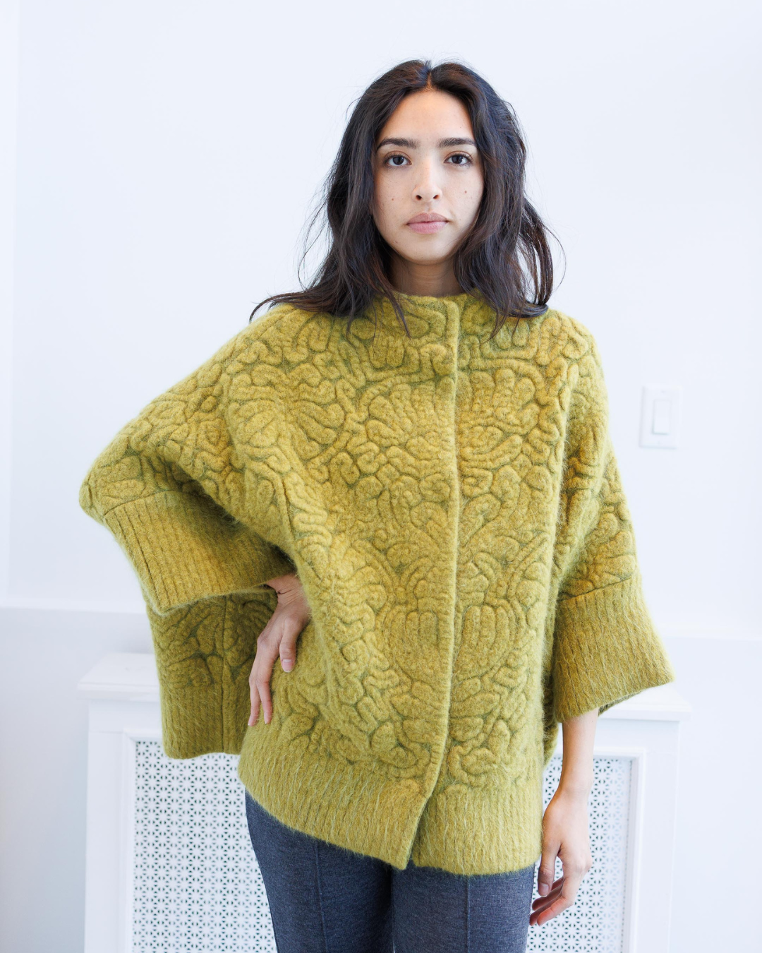 Printed Knit Batwing Jacket — Olive