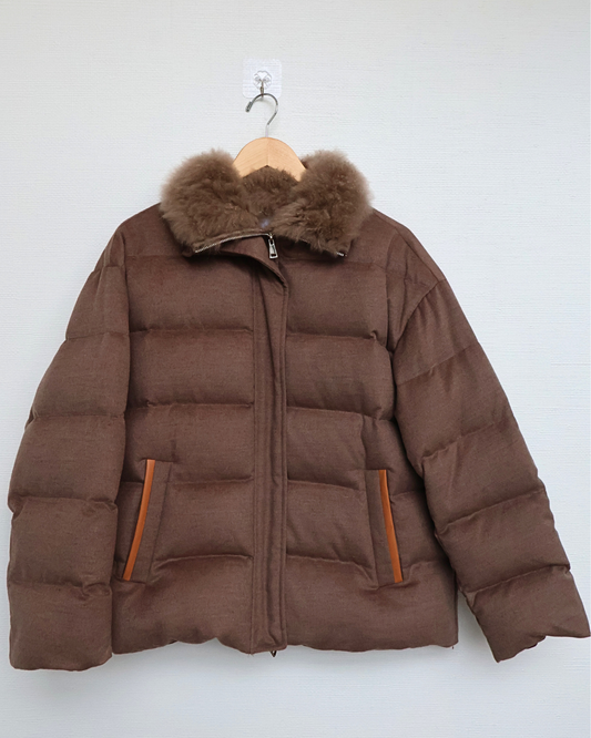 Taupe Quilted Jacket with Cashmere Goat Fur Collar