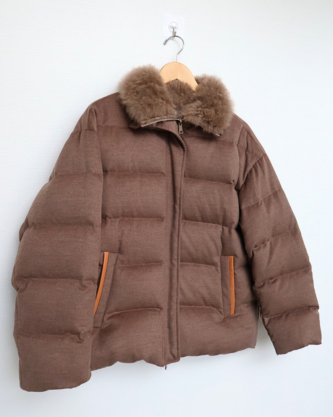 Taupe Quilted Jacket with Cashmere Goat Fur Collar