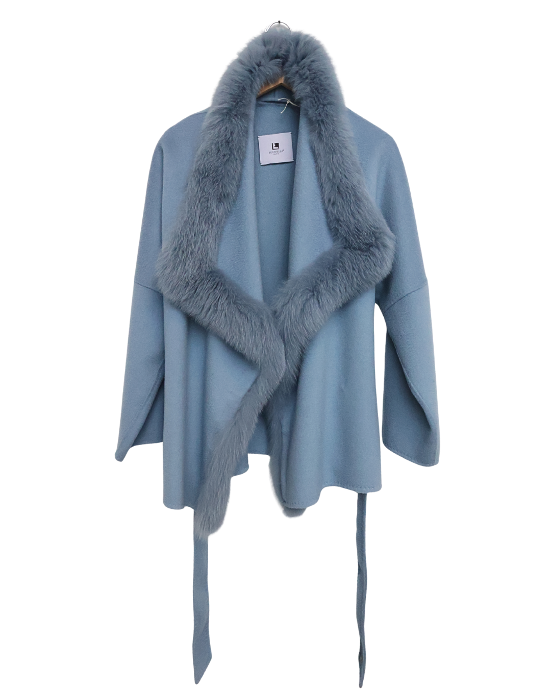 Blue Wool Coat with Fox Fur Trim