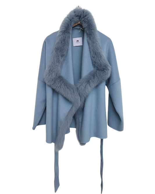 Blue Wool Coat with Fox Fur Trim