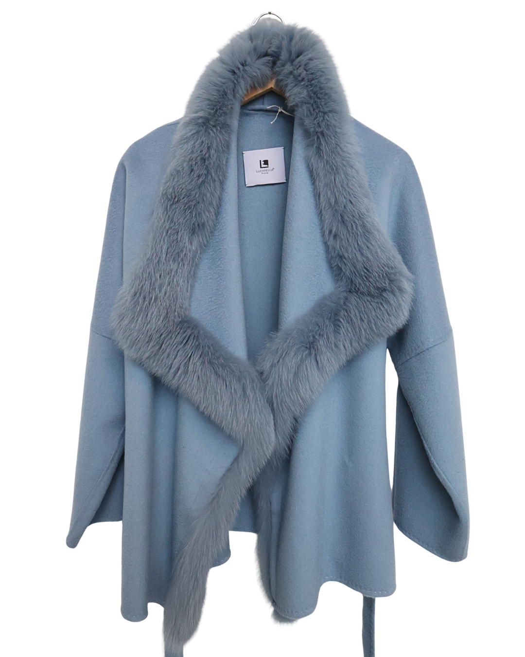 Blue Wool Coat with Fox Fur Trim