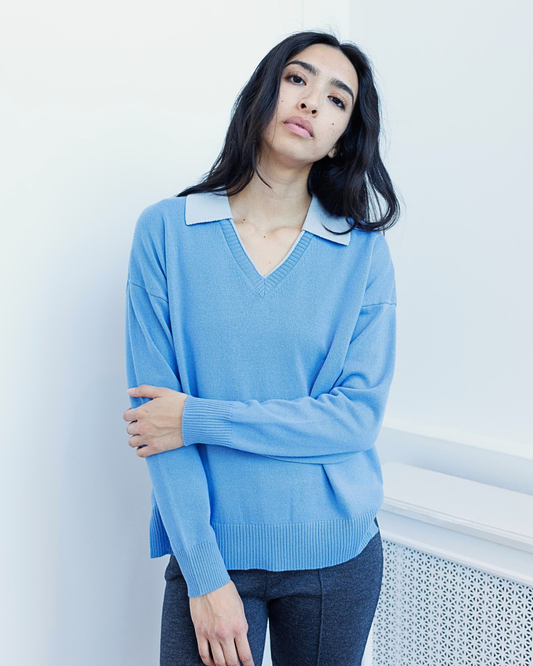 Duotone Collar V-Neck Knit Sweater