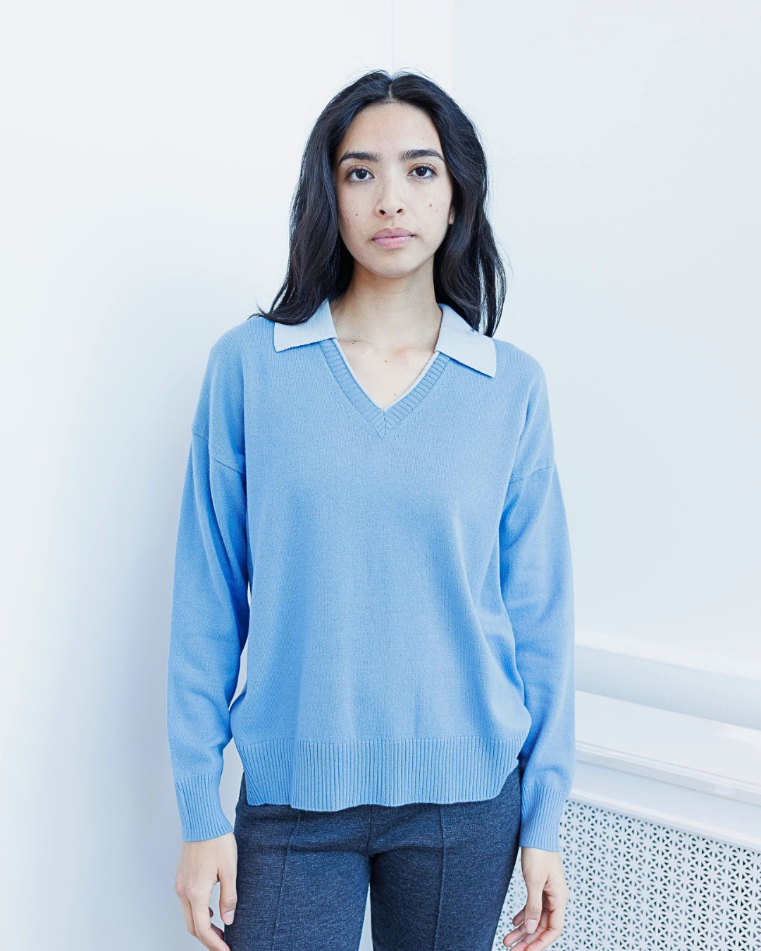 Duotone Collar V-Neck Knit Sweater