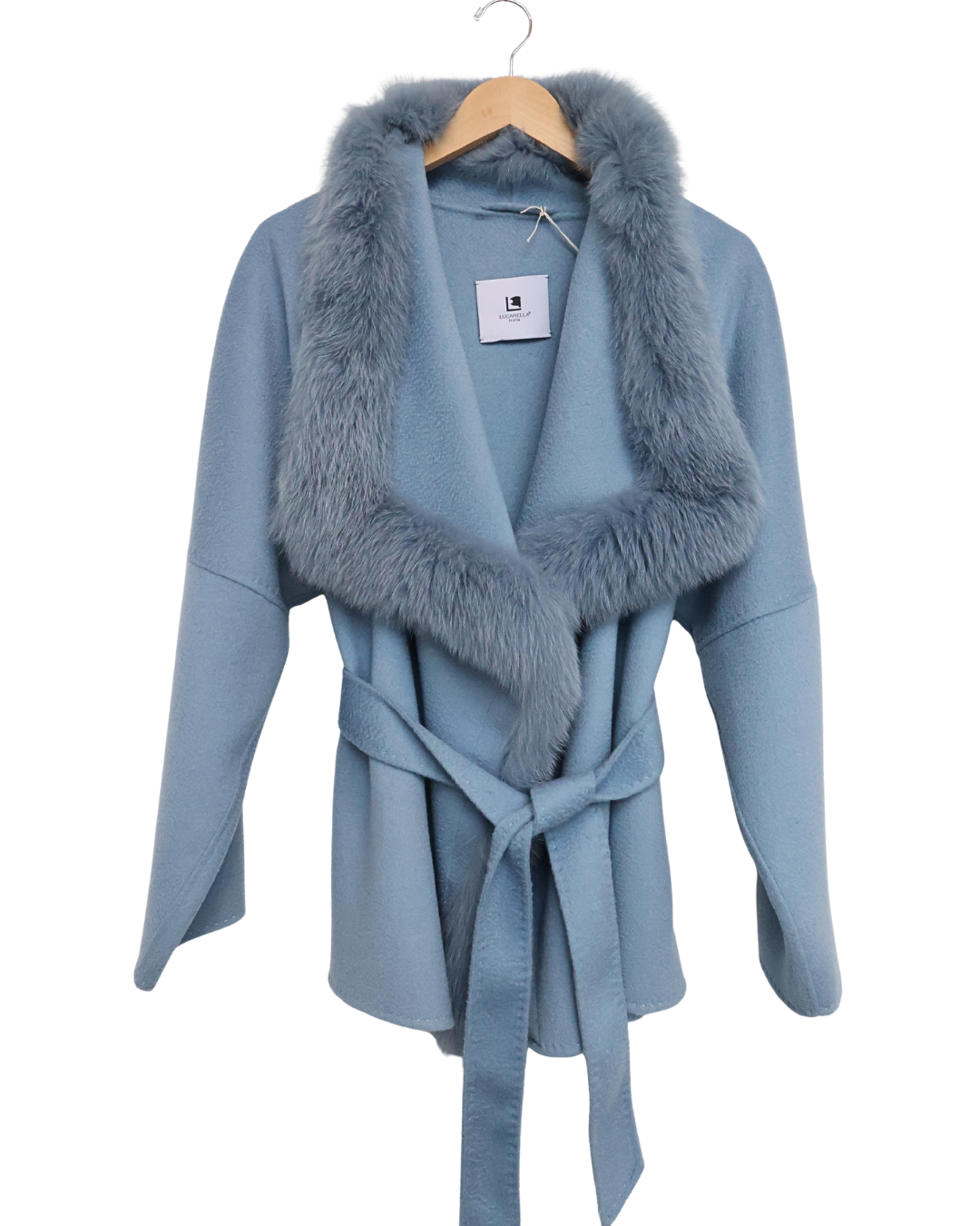 Blue Wool Coat with Fox Fur Trim