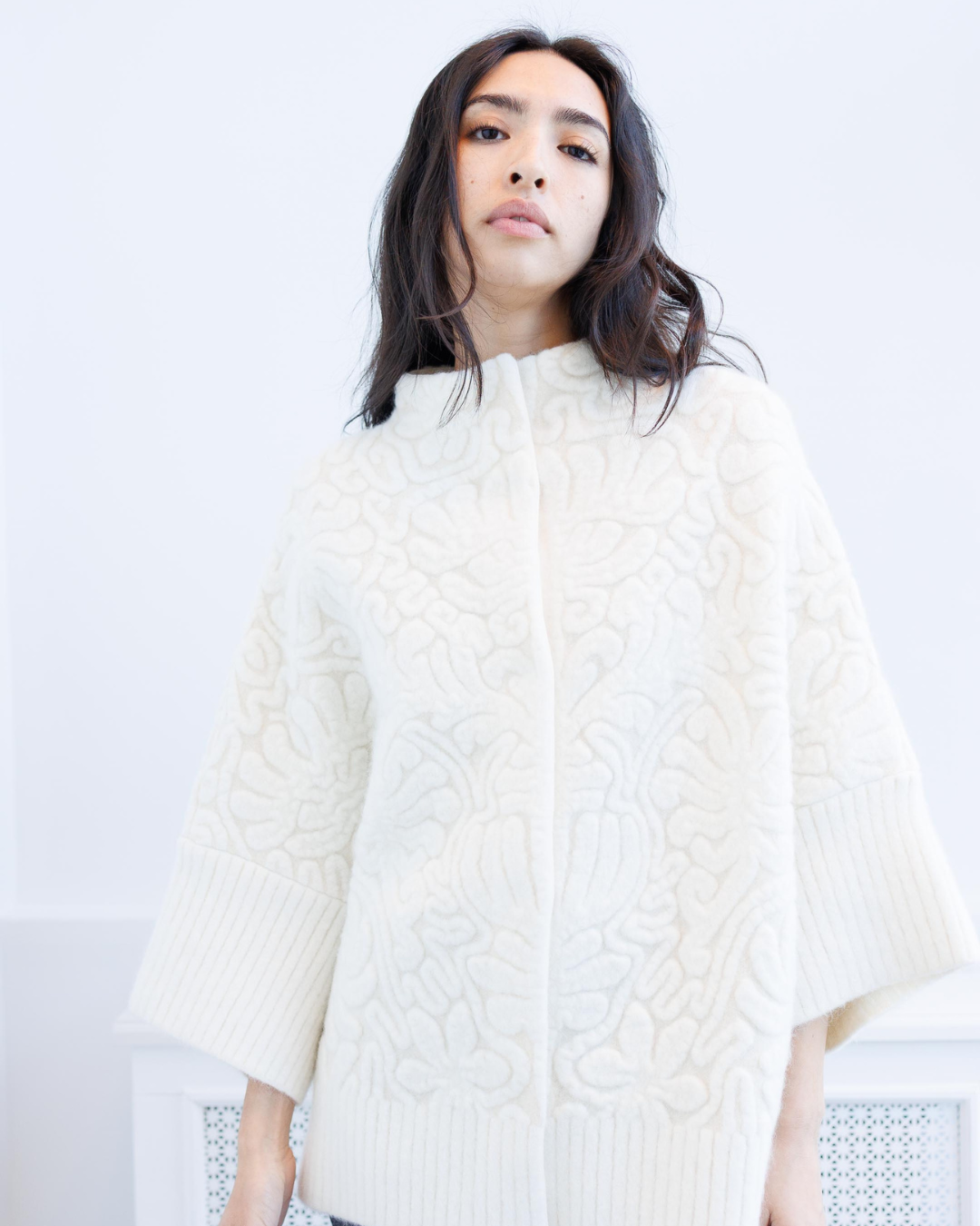 Printed Knit Batwing Jacket — Ivory