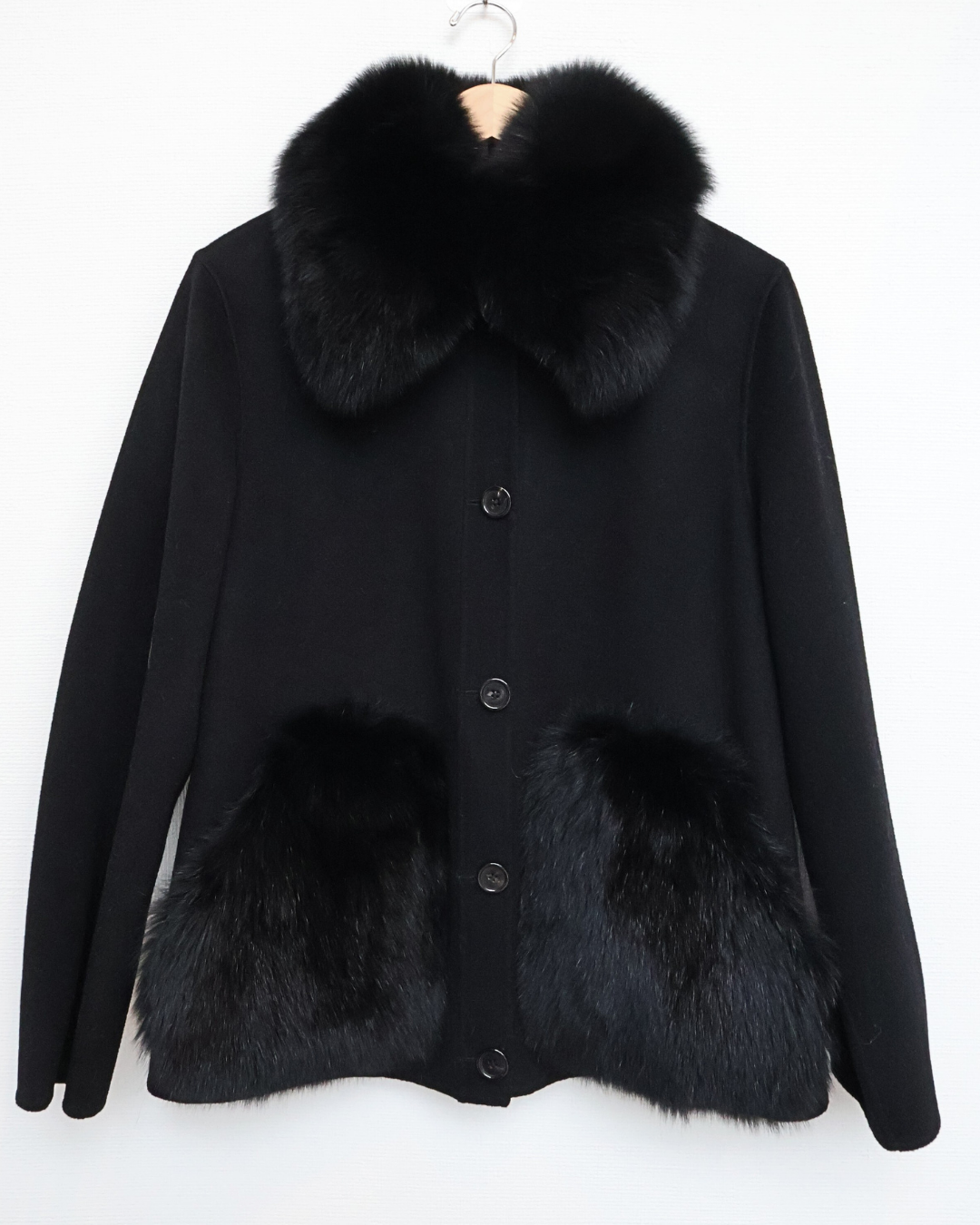 Black Shirt Jacket with Fox Fur Details